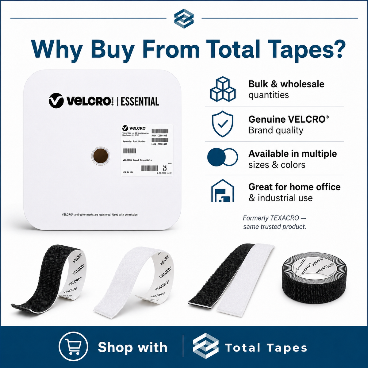 Promotional graphic for Velcro Essential tape showing a white Velcro roll package, several loose tape strips in black and white, and text callouts about bulk wholesale quantity, genuine brand quality, multiple sizes and colors, and home/industrial use. The brand name Velcro is clearly visible on the product and in the headline.