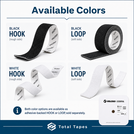 A color options graphic for Velcro-style adhesive tape showing four variants: two black options labeled Black Hook and Black Loop, and two white options labeled White Hook and White Loop. The image includes the text 'Available Colors,' product names, side/rough and soft descriptions, a small info icon, and a package image for Velcro Essential by Total Tapes.