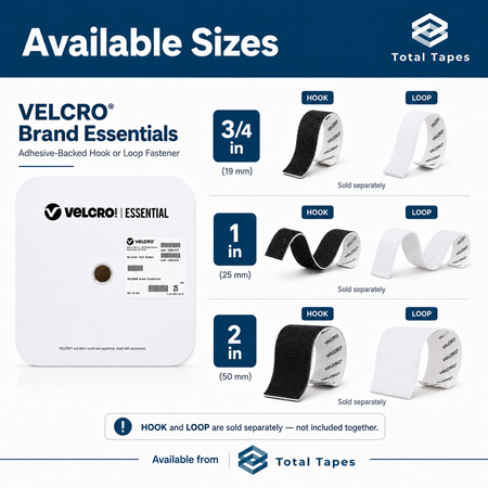 Available sizes chart for VELCRO Brand Essentials adhesive-backed hook or loop fastener tapes by Total Tapes, showing 3/4 in, 1 in, and 2 in rolls with labels for hook and loop views.