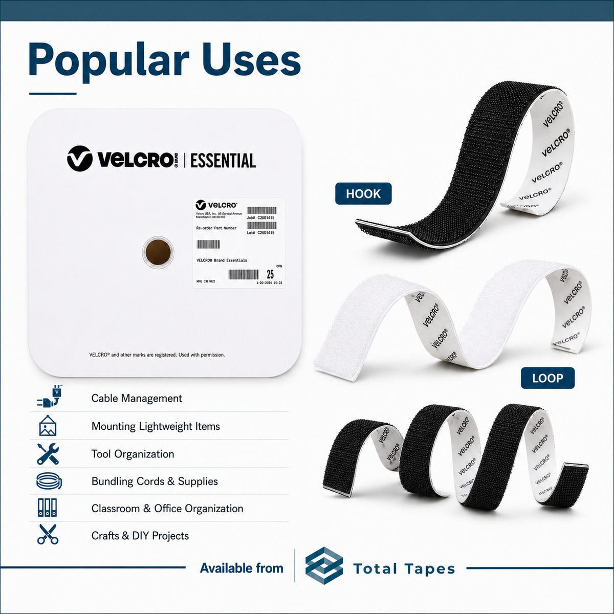 Promotional graphic for Velcro Essential hook and loop fasteners, showing a white Velcro pad, a black hook strip, and a white loop strip on a light background with text listing popular uses and Total Tapes branding.