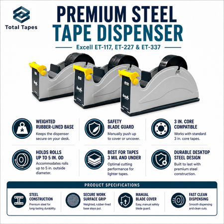 Advertisement for Total Tapes premium steel tape dispensers with features listed.