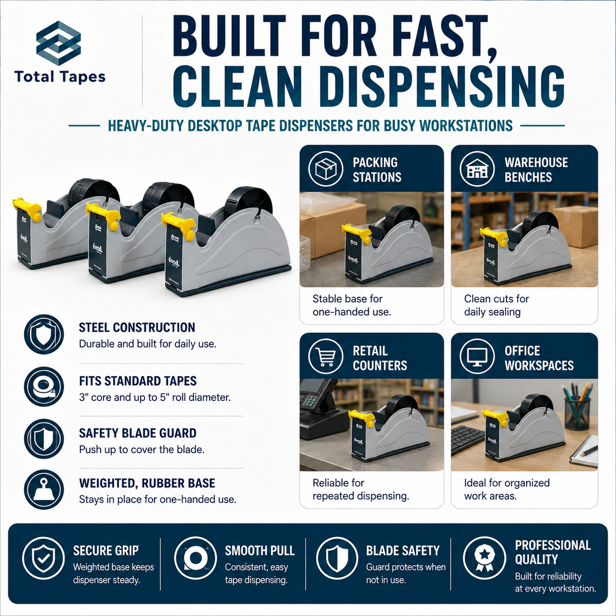 Promotional graphic for Total Tapes heavy-duty desktop tape dispensers with features and usage scenarios.