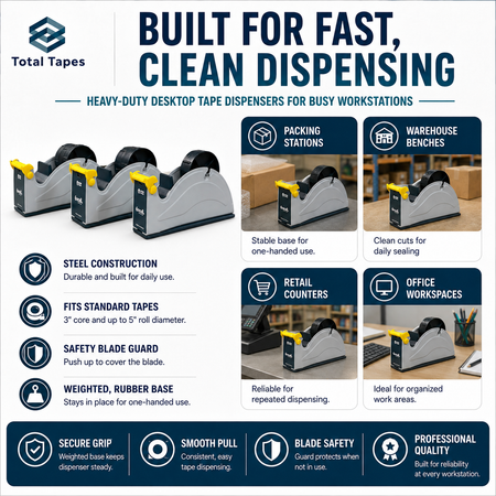 Promotional graphic for Total Tapes heavy-duty desktop tape dispensers with features and usage scenarios.