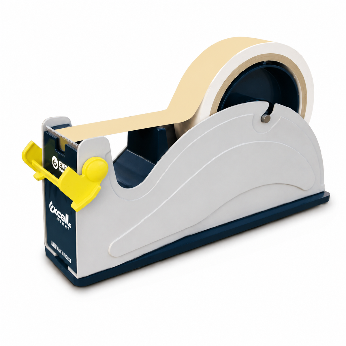 Tape dispenser with a roll of tape on a white background