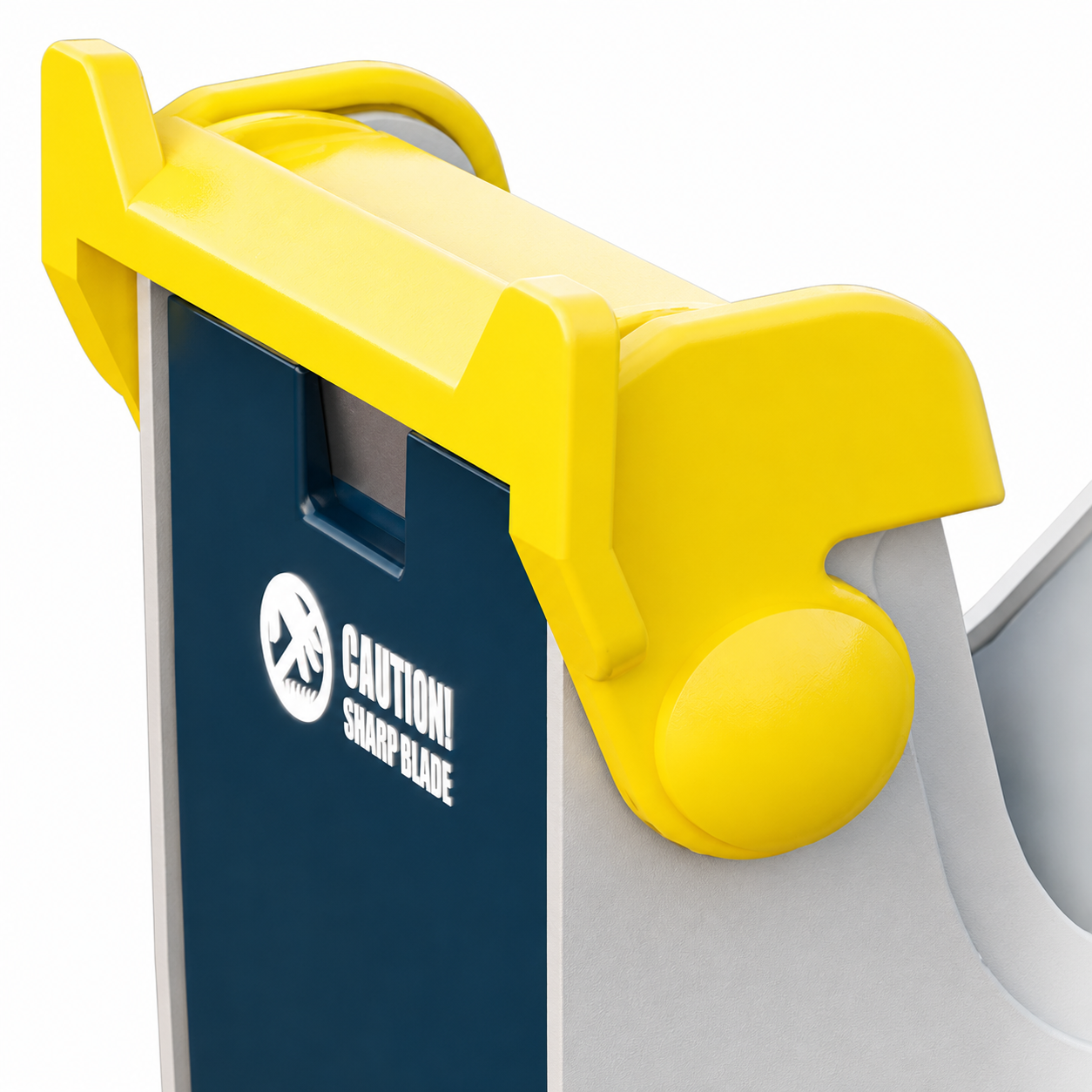 Close-up of a sharpener with a yellow handle and blue body on a white background