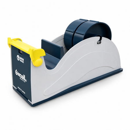 Tape dispenser with blue tape on a white background