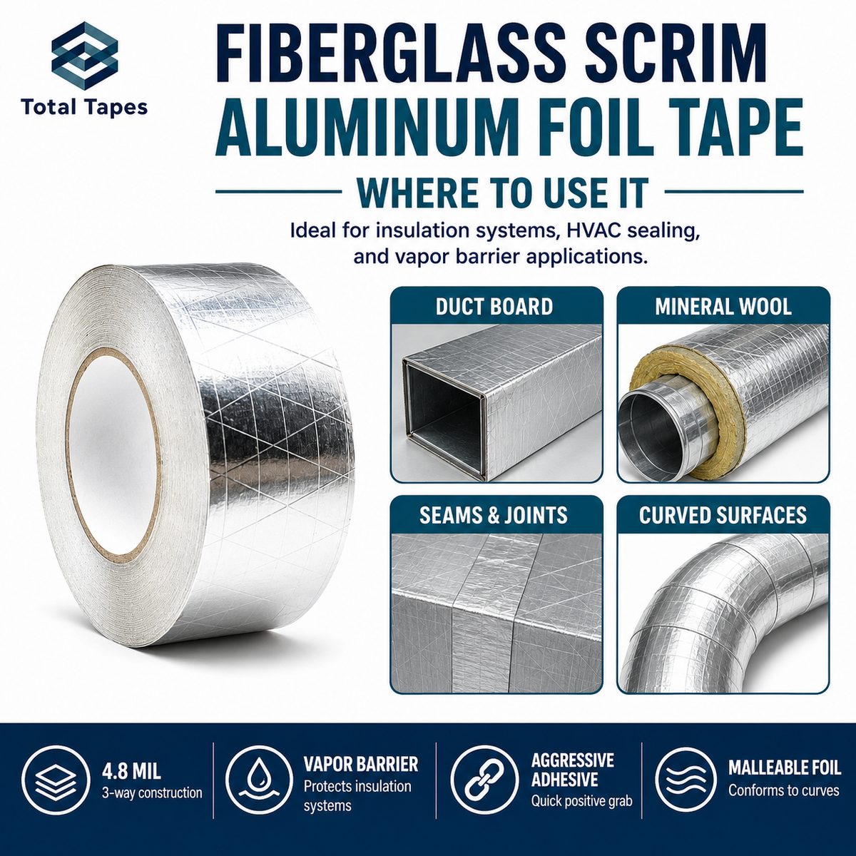 Fiberglass scrim aluminum foil tape with applications on a white background