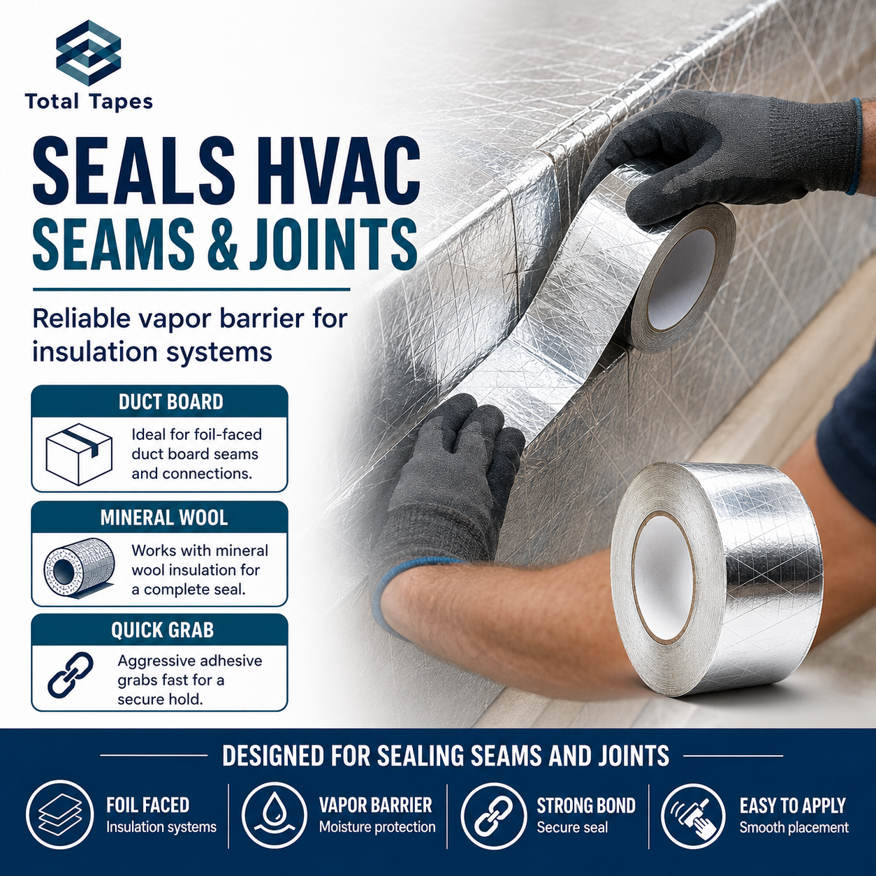 Person applying duct tape to HVAC insulation with product features highlighted.