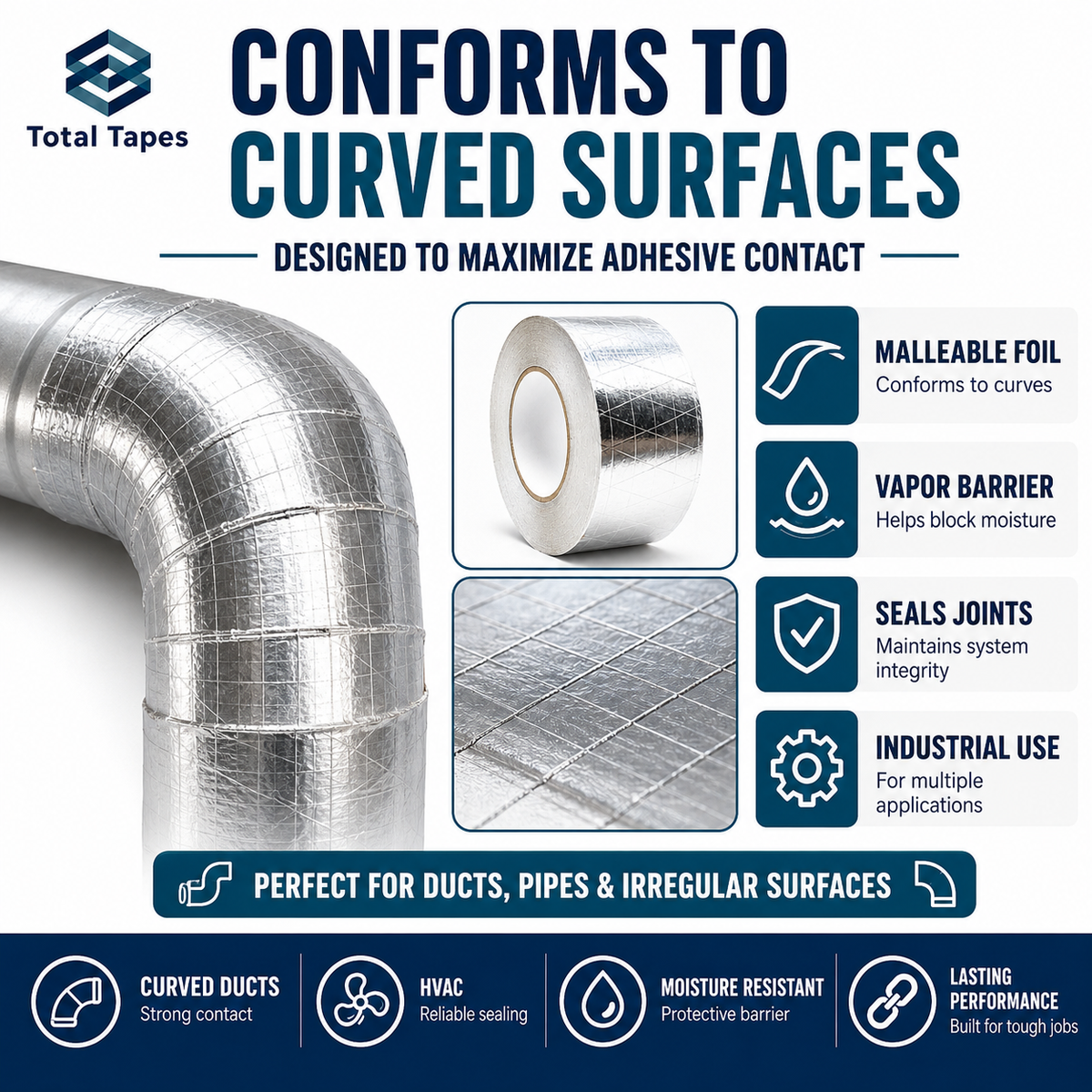Metallic tape roll with text highlighting its features for curved surfaces, ducts, pipes, and HVAC applications.