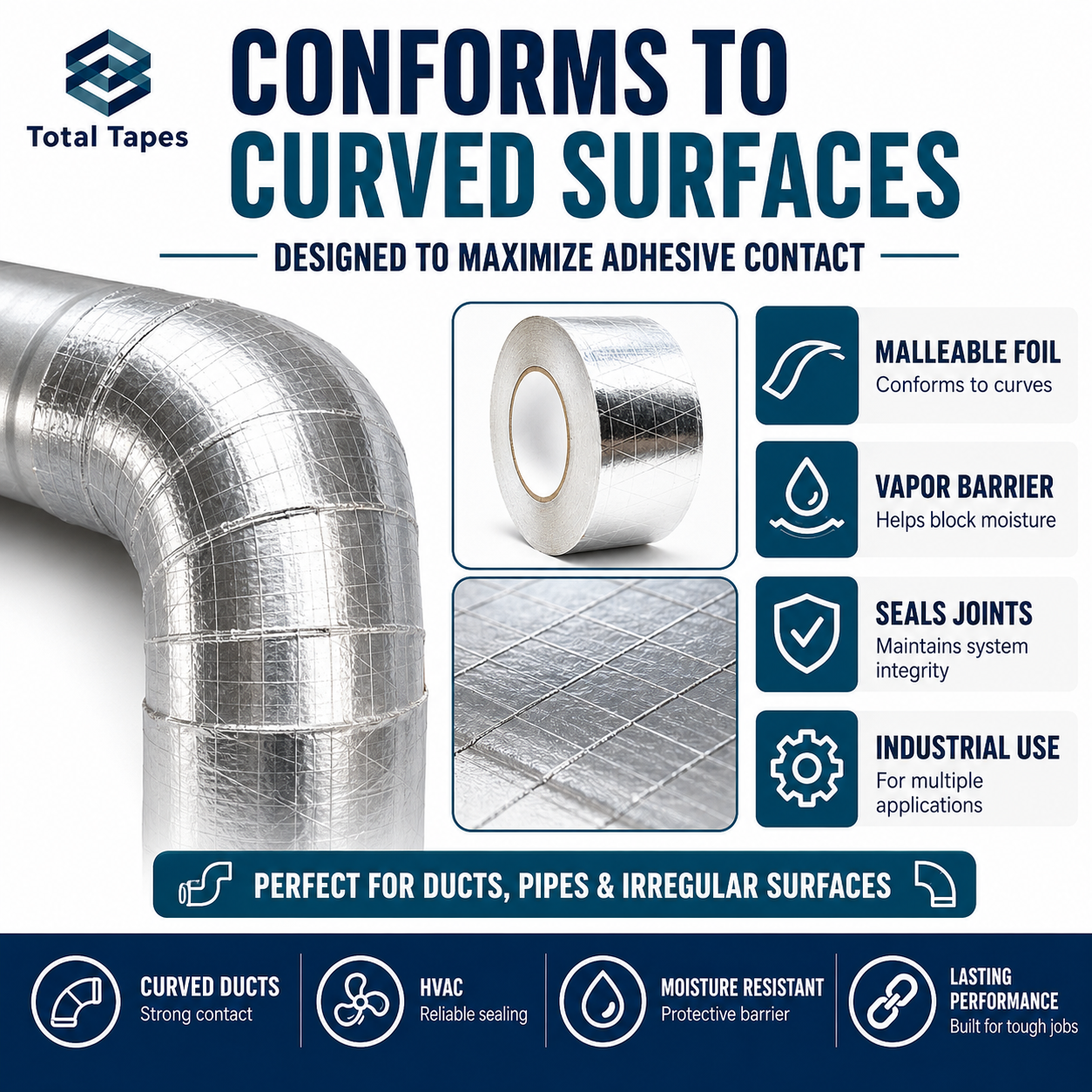 Metallic tape roll with text highlighting its features for curved surfaces, ducts, pipes, and HVAC applications.