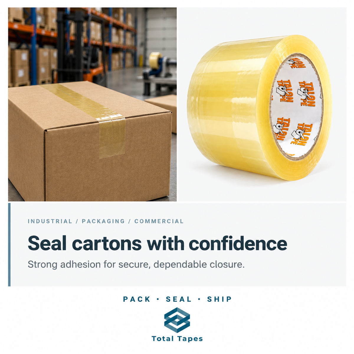 Carton sealing tape graphic beside a sealed cardboard box