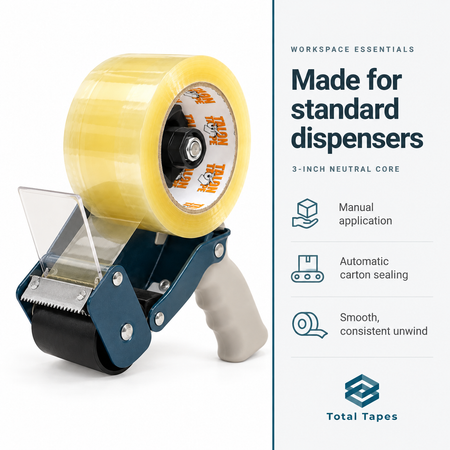 Clear carton sealing tape loaded in a handheld dispenser