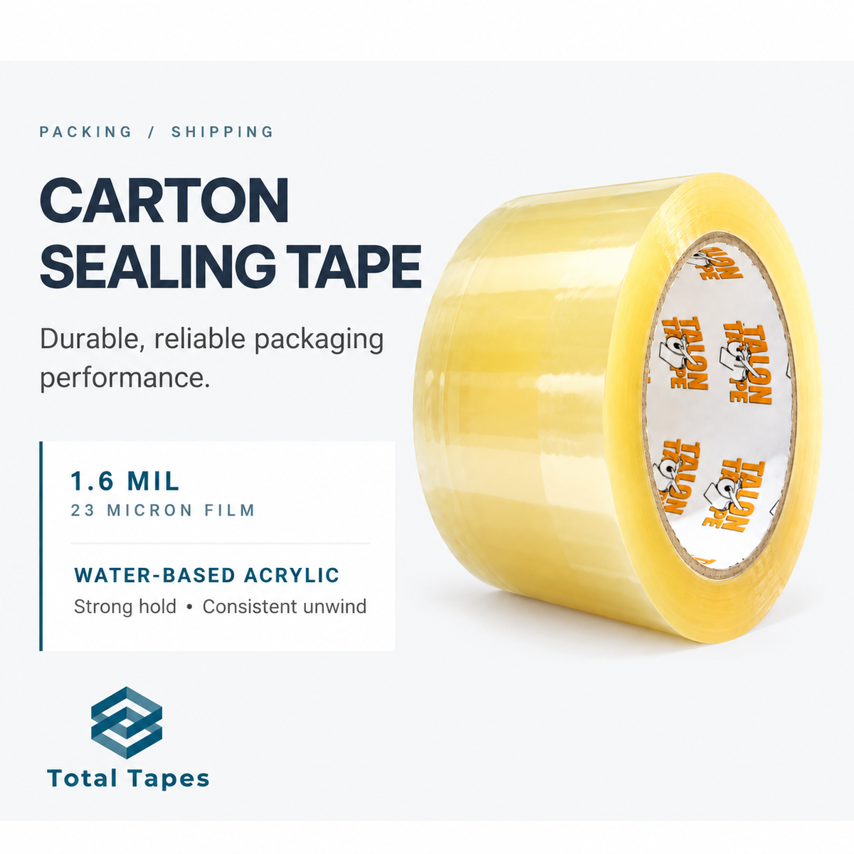 Clear carton sealing tape graphic with film and adhesive information