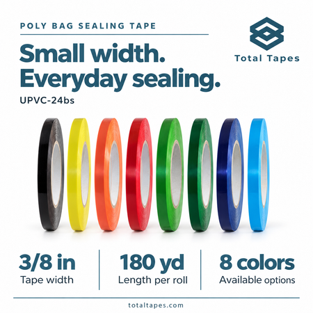 Poly bag sealing tape graphic showing assorted rolls and listed roll dimensions