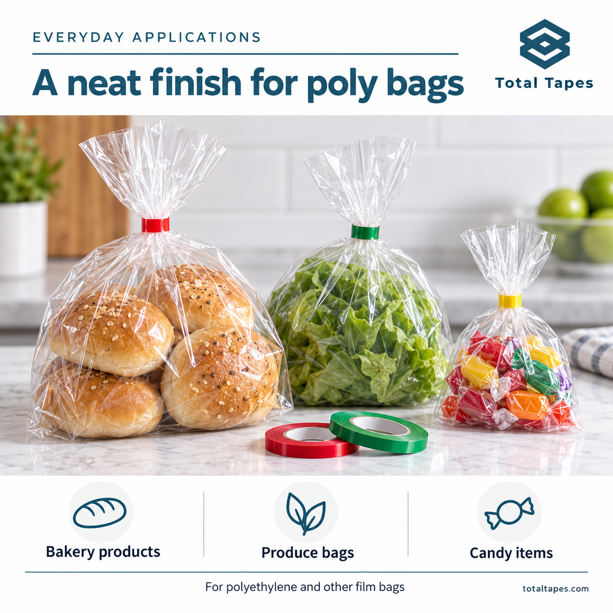 Poly bag sealing application graphic showing bakery, produce, and candy bags