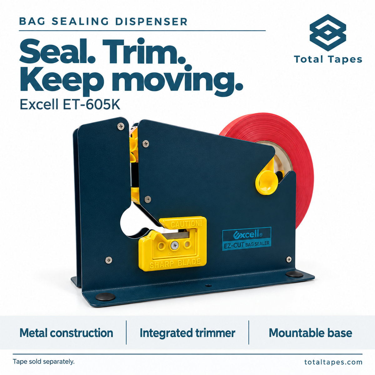 Excell ET-605K bag sealer graphic with red tape and yellow trimmer