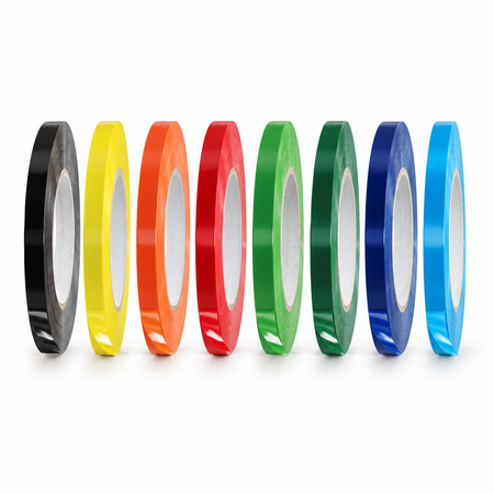 Eight narrow poly bag sealing tape rolls in assorted colors