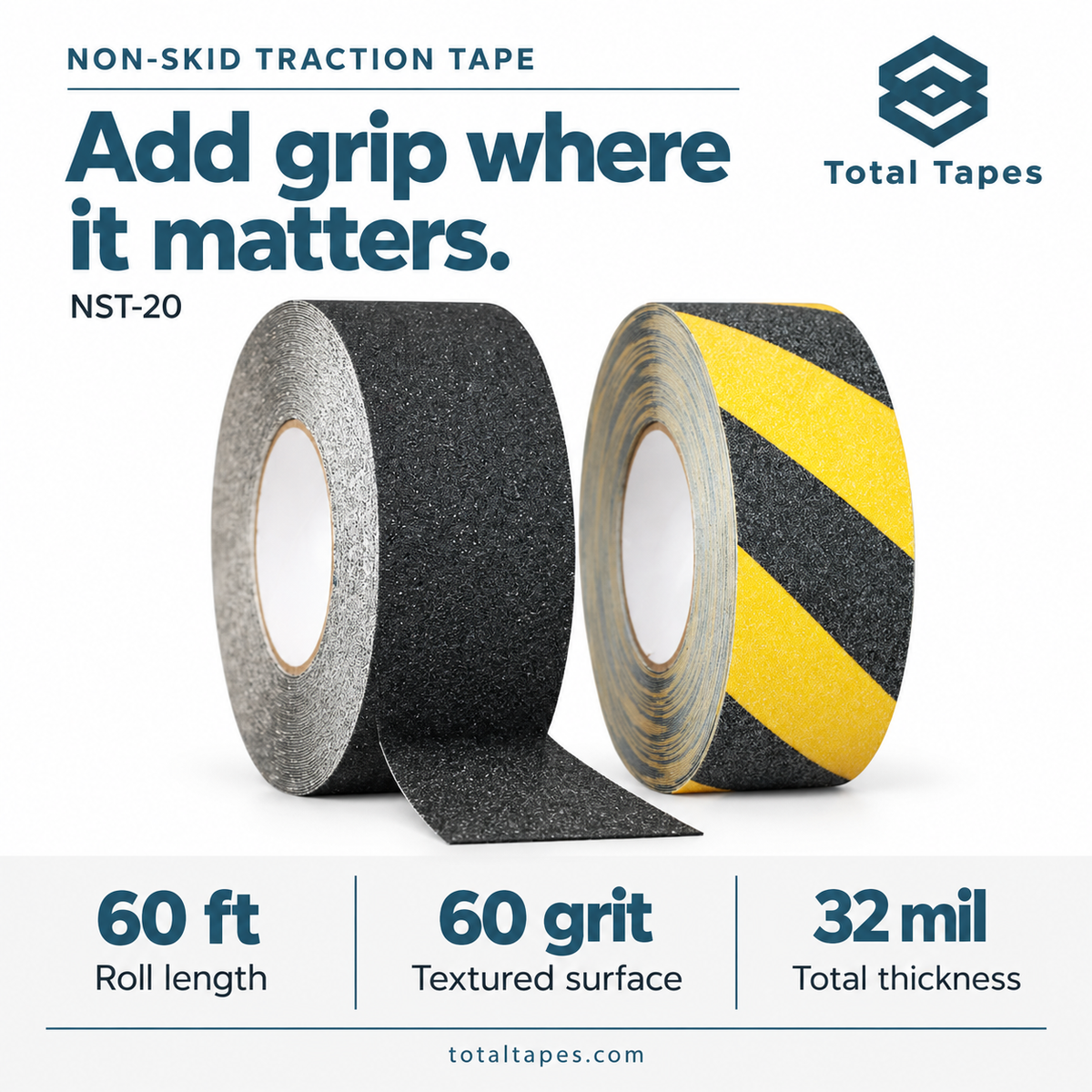NST-20 non-skid tape graphic showing black and striped rolls with dimensions and grit information