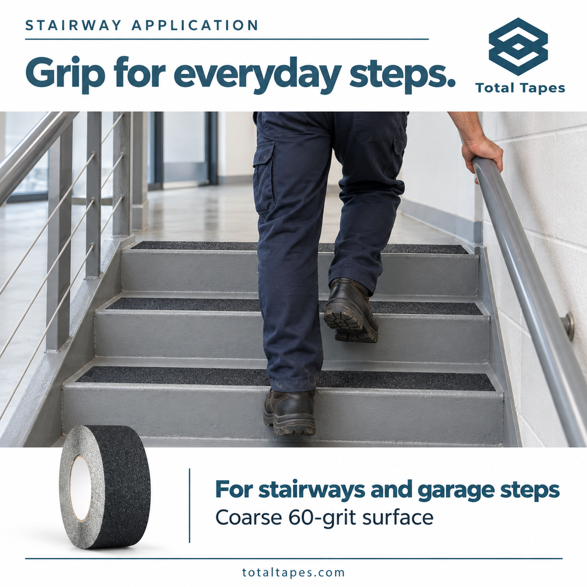 Non-skid tape application illustration on stair treads