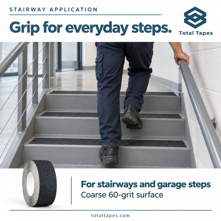 Non-skid tape application illustration on stair treads