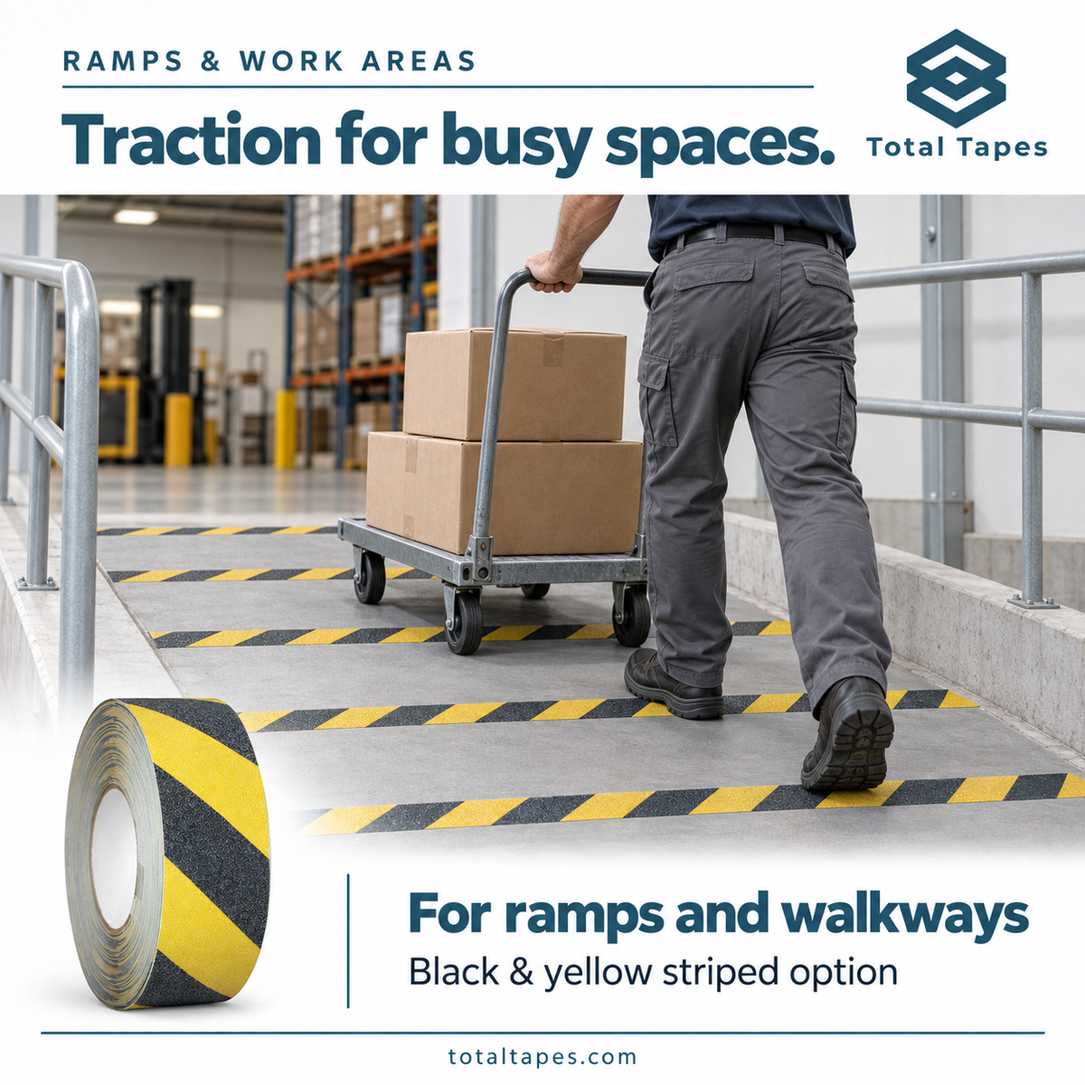 Striped traction tape application illustration on a warehouse walkway