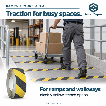 Striped traction tape application illustration on a warehouse walkway
