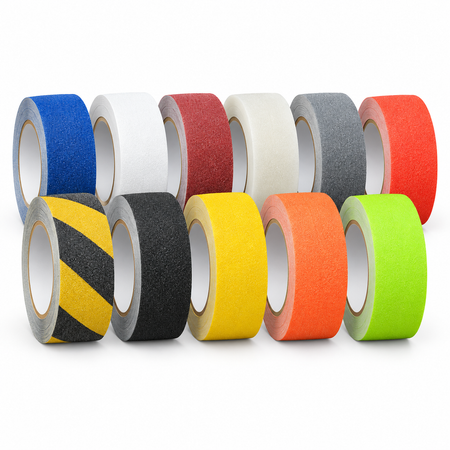 Assorted non-skid tape colors, including a black-and-yellow striped roll