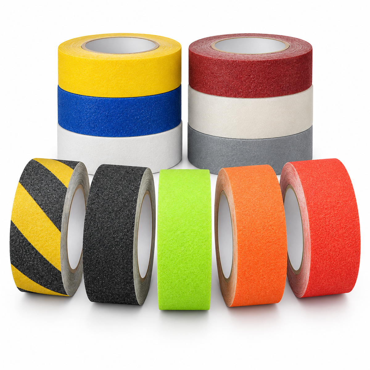 Colored non-skid tape rolls arranged upright and in stacks