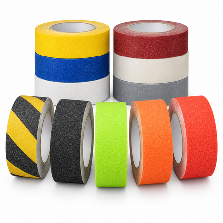 Colored non-skid tape rolls arranged upright and in stacks