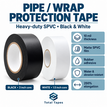Pipe-wrap tape graphic comparing black and white rolls and their construction