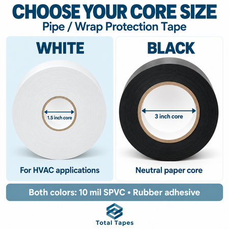 Pipe-wrap tape chart comparing white 1.5-inch and black 3-inch cores