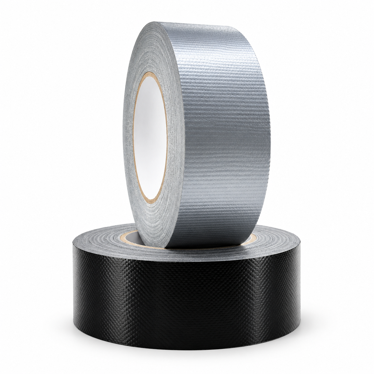 Two rolls of duct tape on a white background, one silver and one black, stacked with the silver roll standing upright on top.