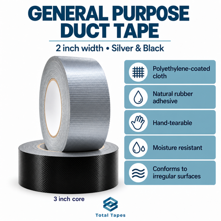 General-purpose duct tape graphic showing silver and black rolls
