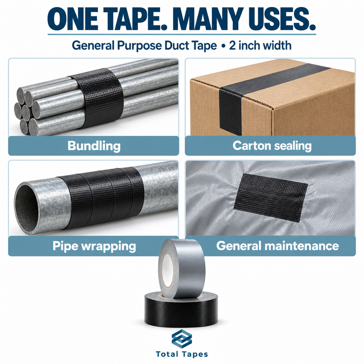 Duct tape application collage for bundling, carton sealing, wrapping, and repairs