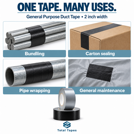 Duct tape application collage for bundling, carton sealing, wrapping, and repairs