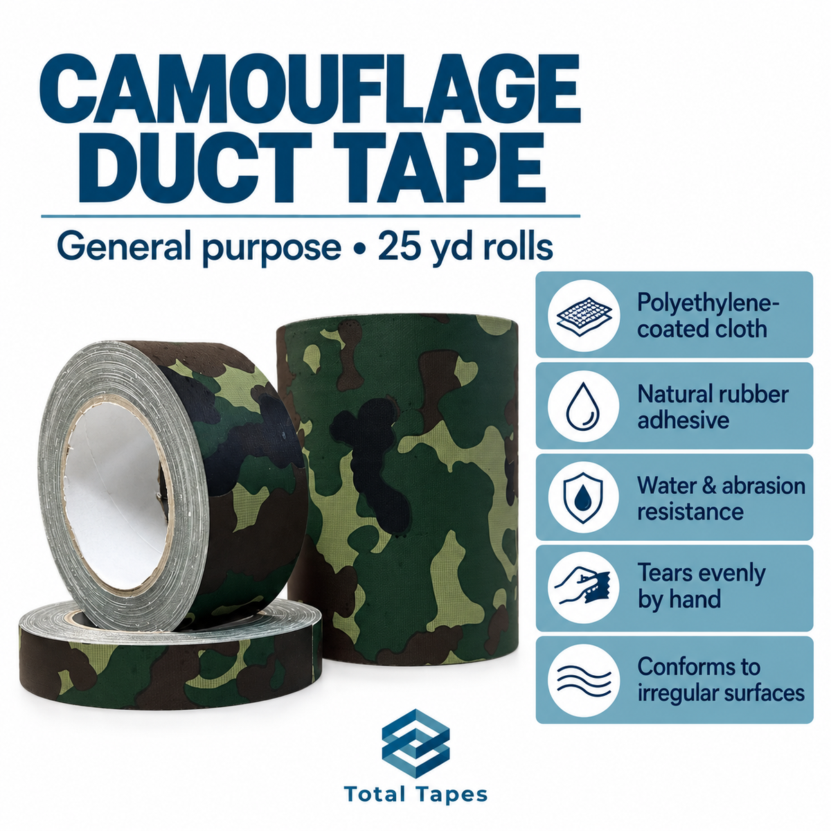 Camouflage duct tape feature graphic showing three roll widths