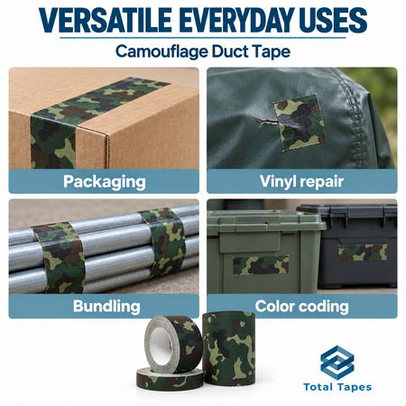 Camouflage tape application collage for packaging, repairs, bundling, and color coding