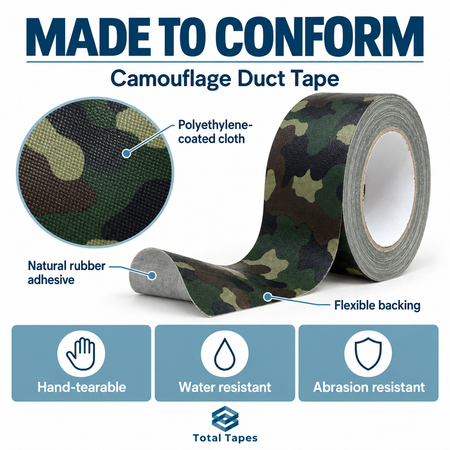 Camouflage duct tape close-up showing backing, adhesive, and unwound material