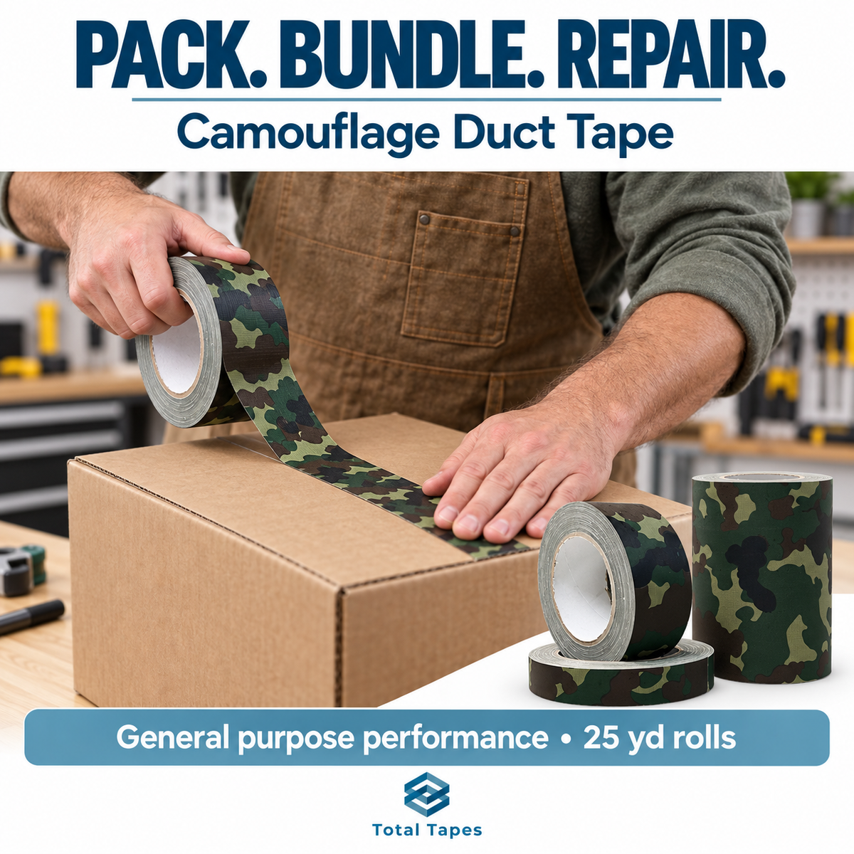 Illustration of camouflage duct tape being applied to a cardboard carton