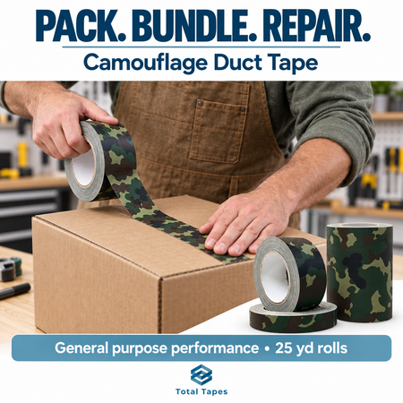 Illustration of camouflage duct tape being applied to a cardboard carton
