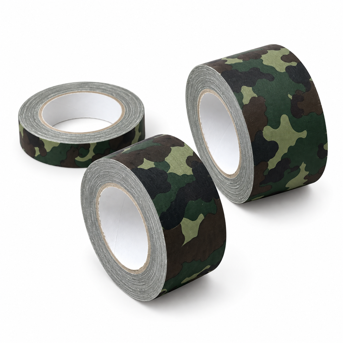 Three camouflage duct tape rolls arranged on a white background