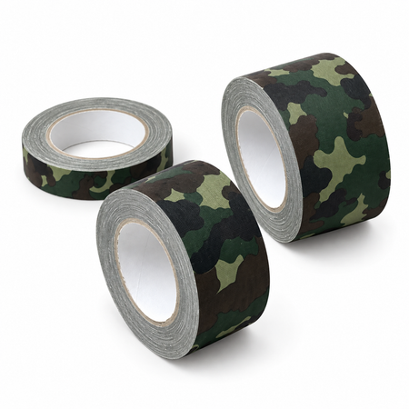 Three camouflage duct tape rolls arranged on a white background