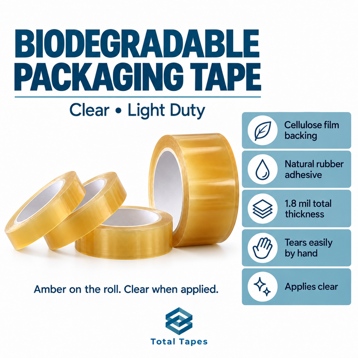 Cellulose packaging tape feature graphic with several amber rolls