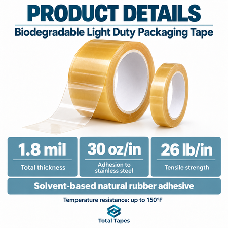 Cellulose packaging tape graphic with material and performance information