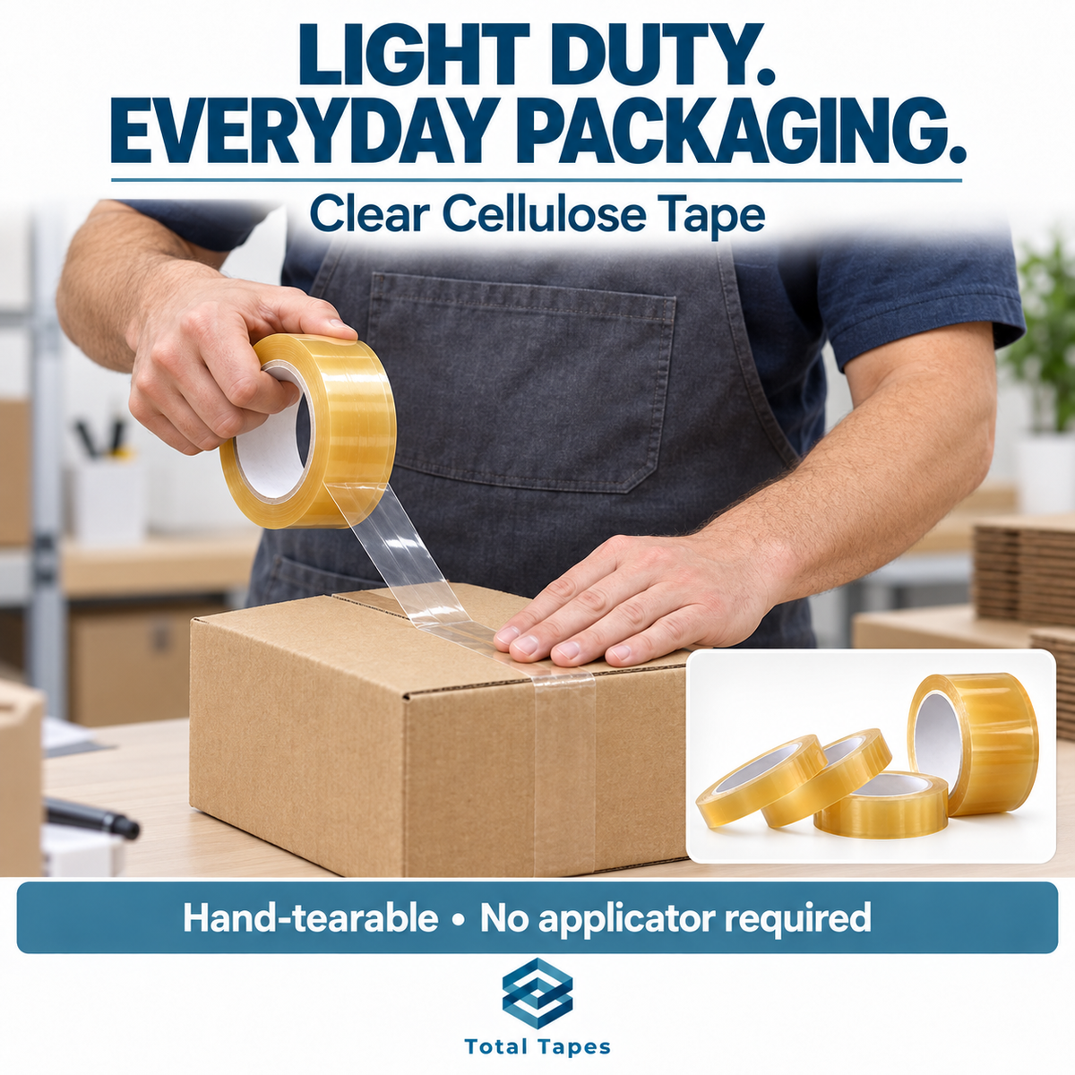 Illustration of cellulose packaging tape being applied by hand to a carton
