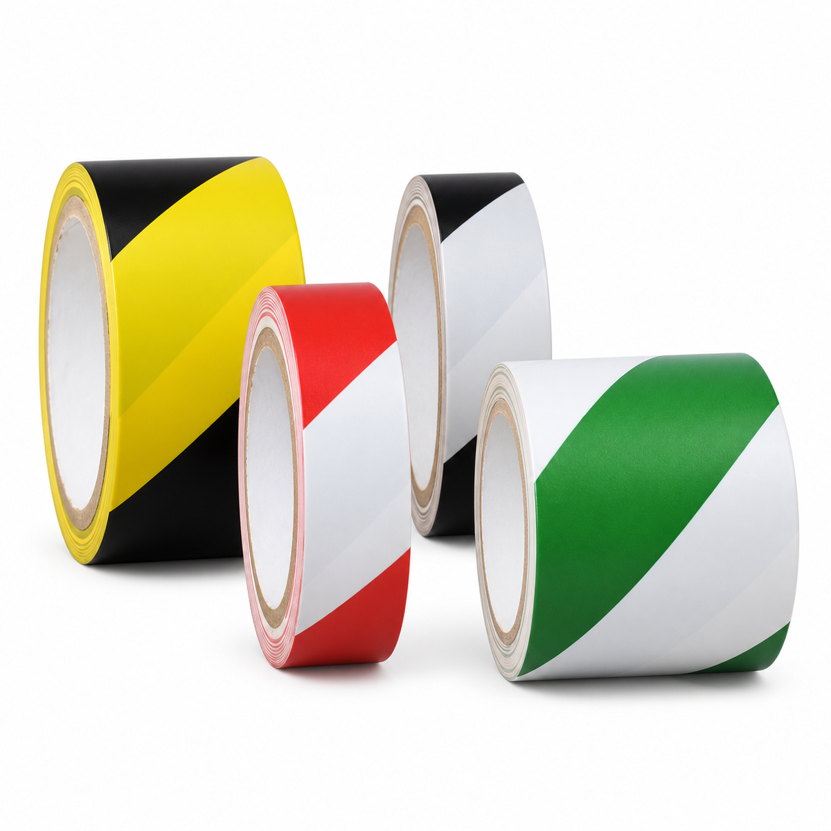 Four striped hazard marking tape rolls in different color combinations