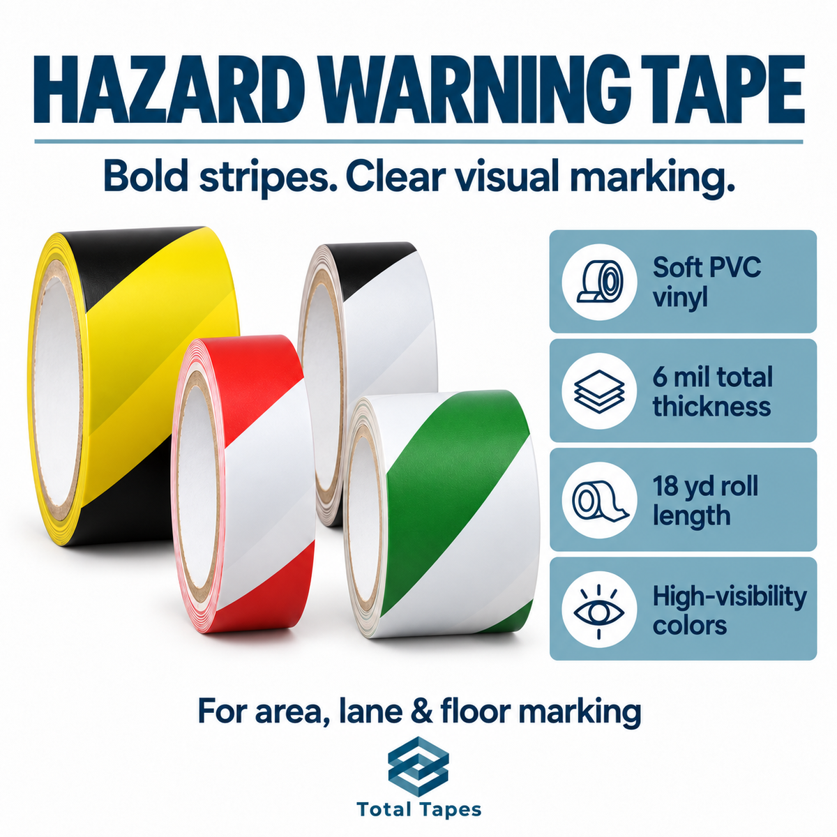 Hazard warning tape graphic with PVC construction and roll information