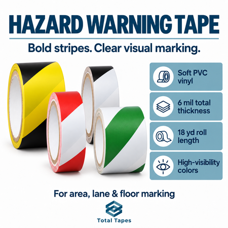 Hazard warning tape graphic with PVC construction and roll information