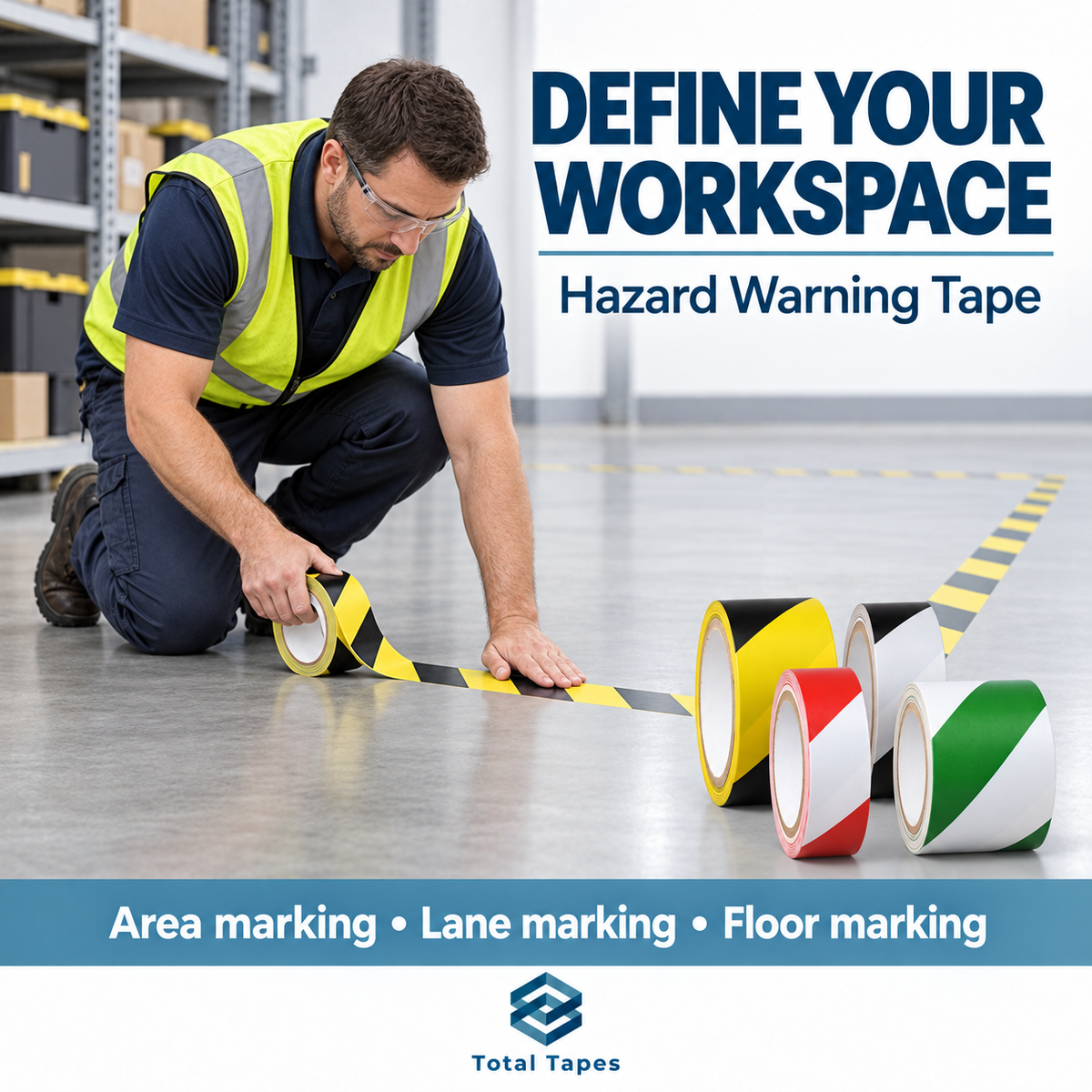 Illustration of black-and-yellow warning tape being applied to a warehouse floor