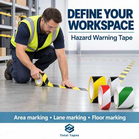 Illustration of black-and-yellow warning tape being applied to a warehouse floor